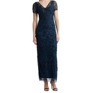 Pisarro Nights Beaded Mesh Column Gown Peacock‎ Blue Formal Dress Size 2